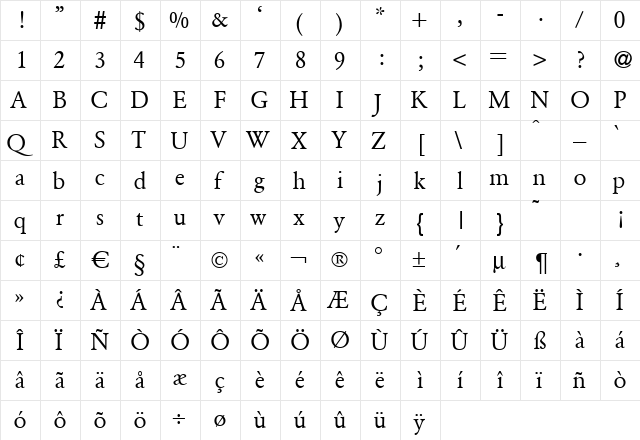 ClassicGarfeld Regular  glyph index