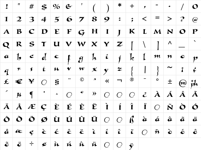 Callimundial Regular  glyph index