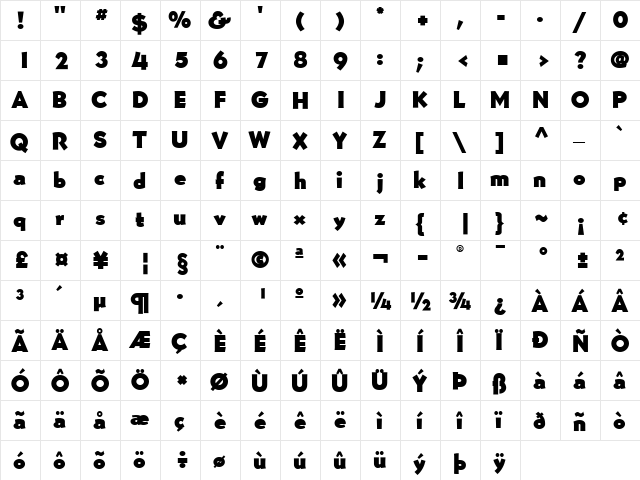 BernhardGothicSG Regular  glyph index