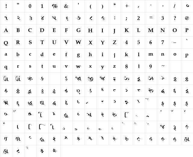 AkrutiOfficeFalguni Bold  glyph index