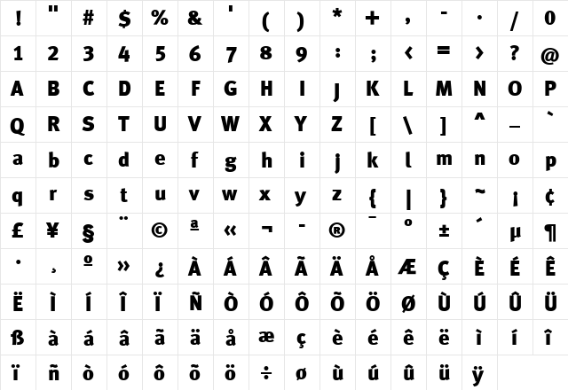 MetaBlackTurkLF Roman  glyph index