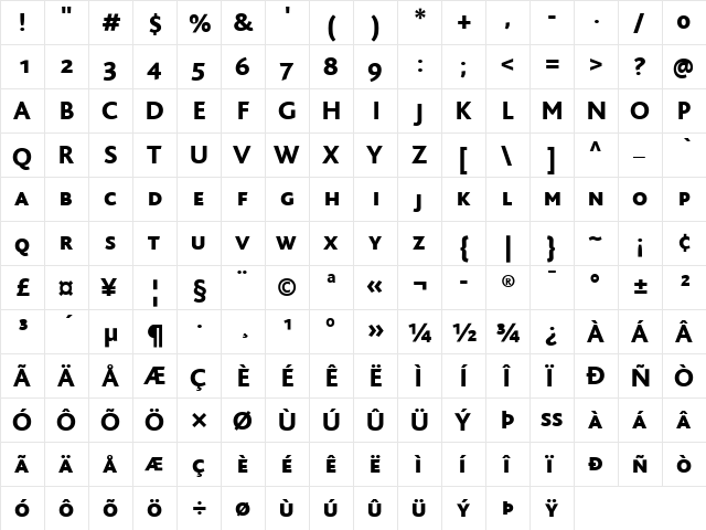 BlissCaps Regular  glyph index