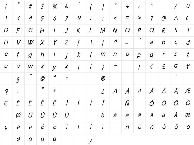 Presence 8 Italic  glyph index