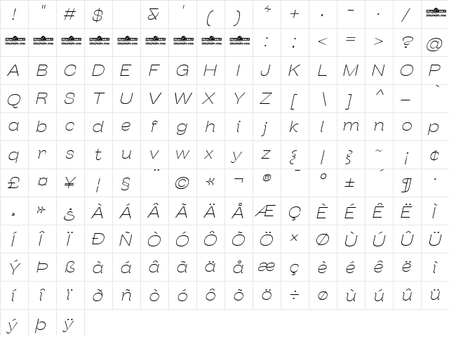 Stinger Wide Trial Thin Italic  glyph index