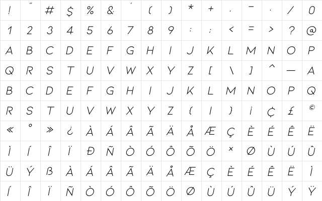 Kiona Itallic  glyph index