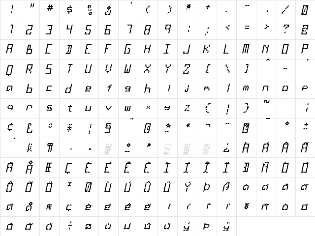 LEaD Lights Italic Regular  glyph index