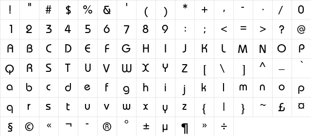 BauhausC Medium Regular  glyph index