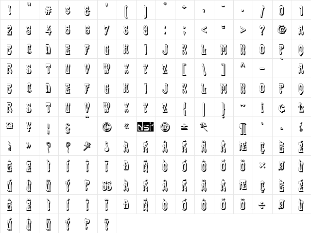 Cabaret Shadow Regular  glyph index