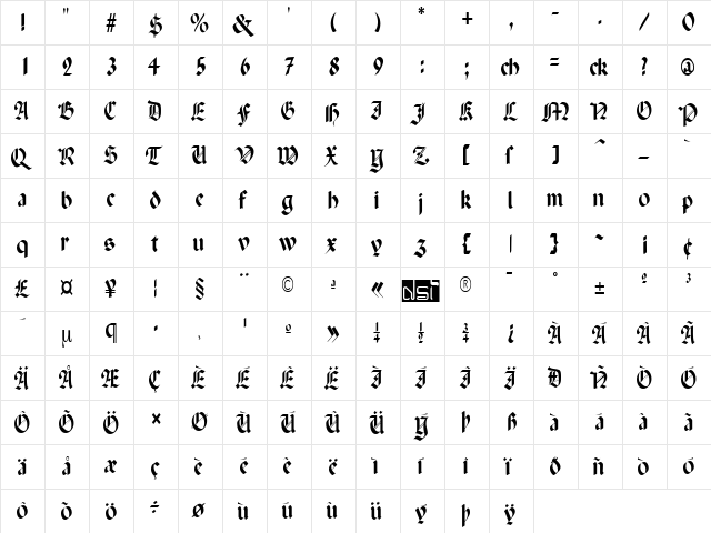 Paganini-Light Regular  glyph index