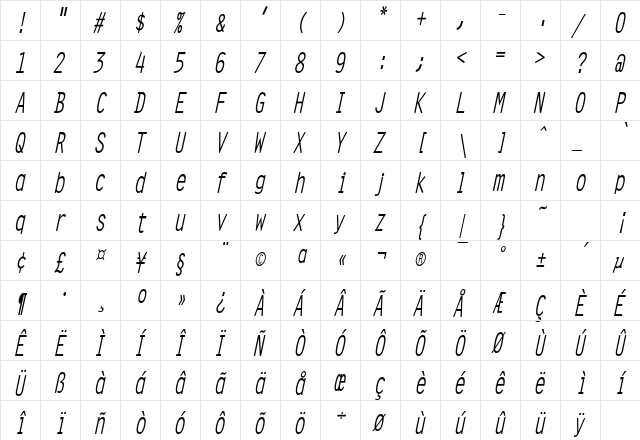 OratorCondensed Oblique  glyph index