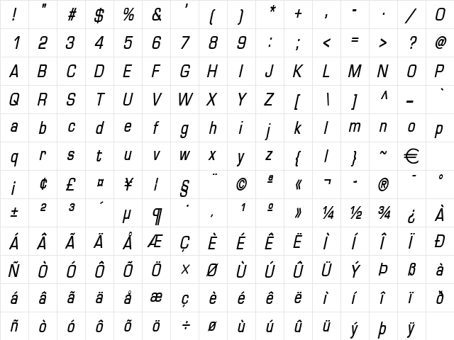 EurasiaCondensed BoldItalic  glyph index