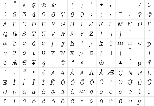 TypewriterSerial-Light Italic  glyph index