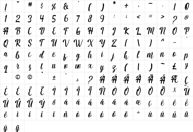 Matilda Regular  glyph index