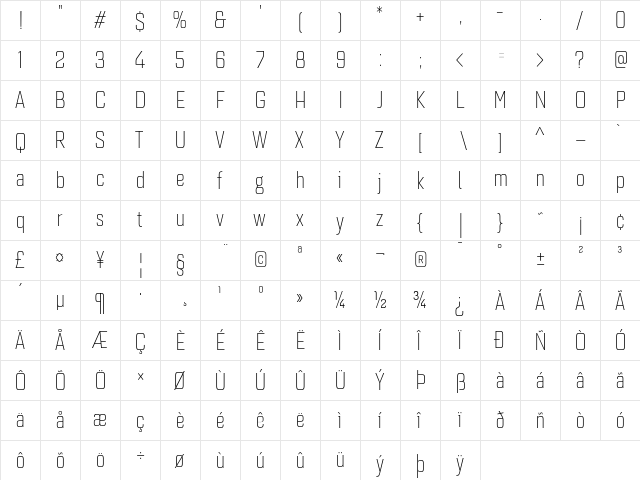 Quarca Cond Light  glyph index
