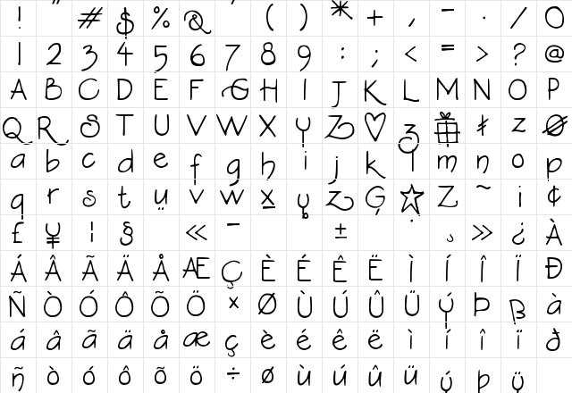 DJB Constance Beauregard Regular  glyph index