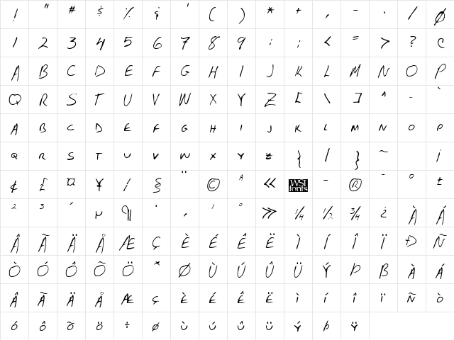 FostersHand Regular  glyph index