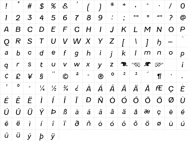 Fenwick Light Italic  glyph index