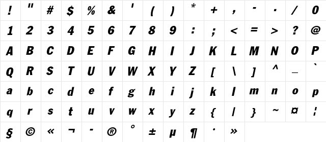FagotCondensed Italic  glyph index