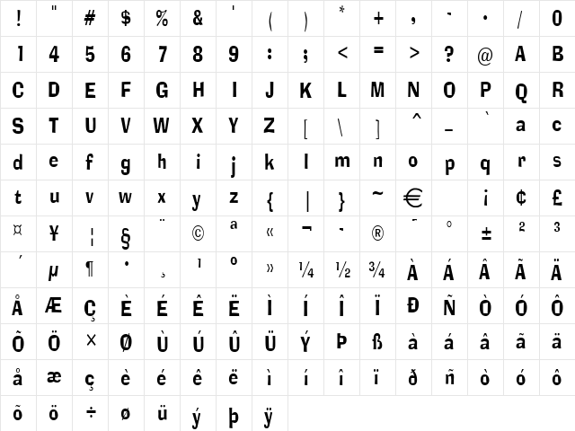 AlorNarrowCondensed Normal  glyph index