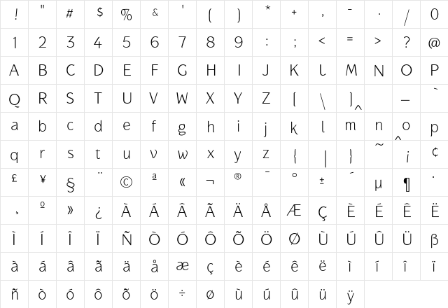 Gauntlet Thin Regular  glyph index