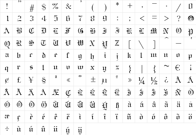 GothicE Regular  glyph index