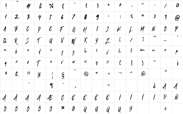 Nocturnal Regular  glyph index