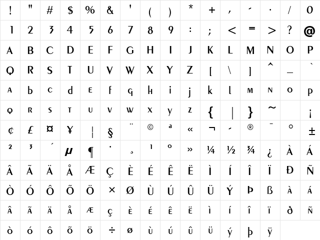 Peignot Demi Bold  glyph index
