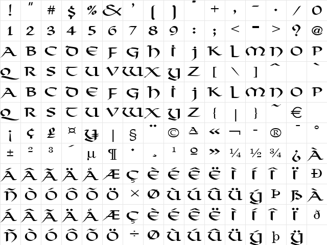 ValhallaWide Normal  glyph index