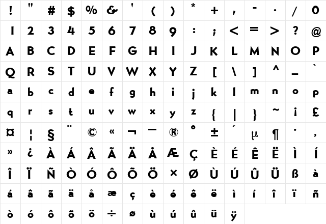 Bernhard Gothic BQ Regular  glyph index