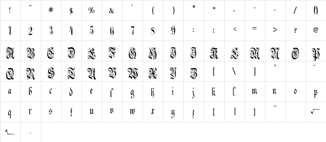 Trumpery Regular  glyph index