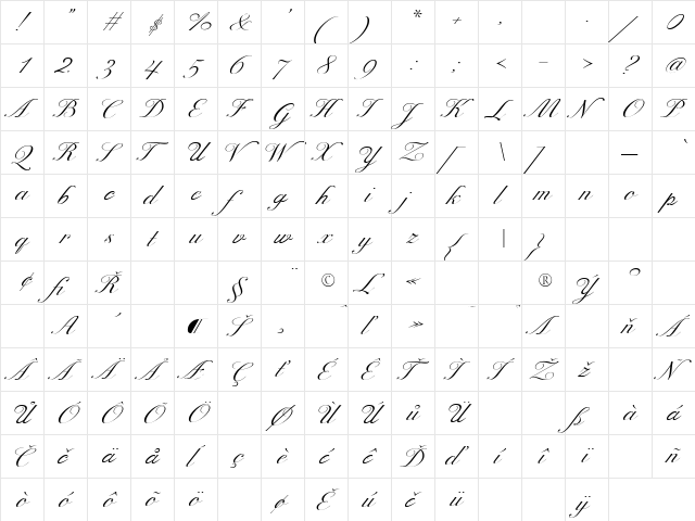 ExcelsiorScript Extended  glyph index