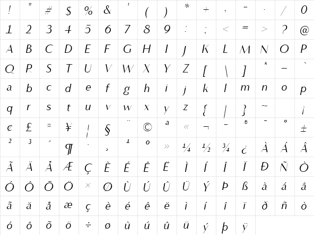 Vanitas Bold Italic  glyph index