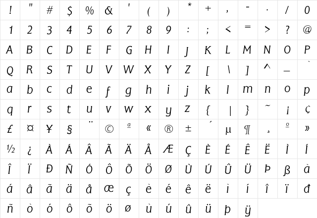 FlareGothic-LightItalic Regular  glyph index