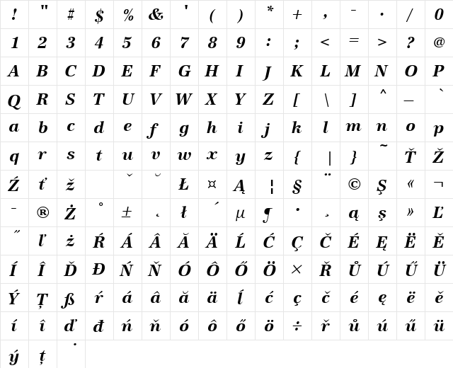 URWAntiquaTEE Bold Italic  glyph index