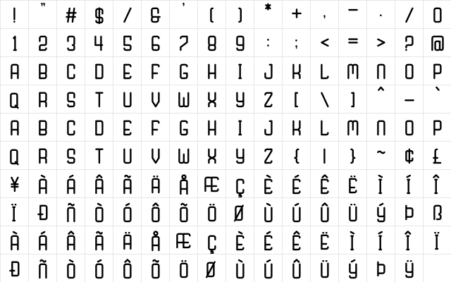 Nagaro Regular  glyph index