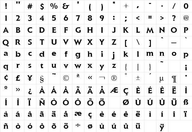 Elan Bold  glyph index