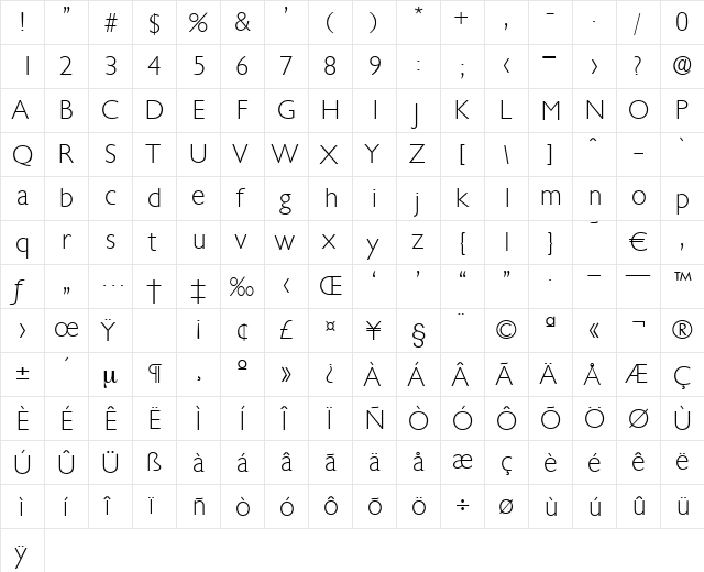 Chantilly-Xlight Regular  glyph index