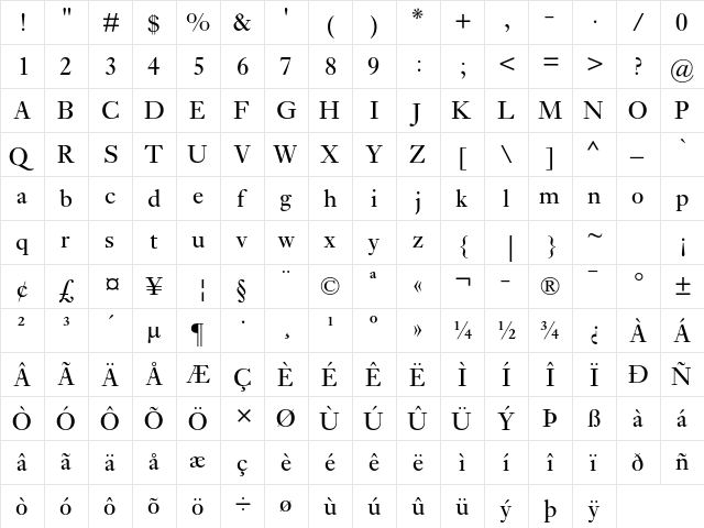 Ehrhardt MT Std Regular  glyph index
