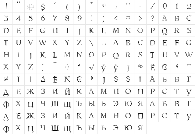 Lidia Cyr Regular  glyph index