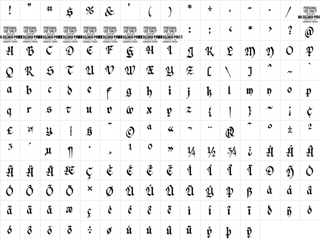 Jack Pirate PERSONAL USE ONLY Regular  glyph index