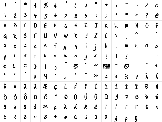 BrooksHand Bold  glyph index