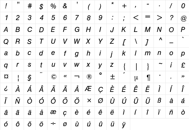Helvetica BQ Regular  glyph index