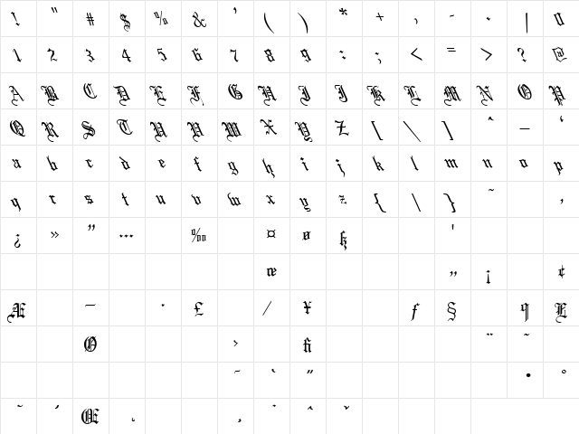 Captive Angel 1 Regular  glyph index