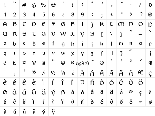 Gaelic Regular  glyph index
