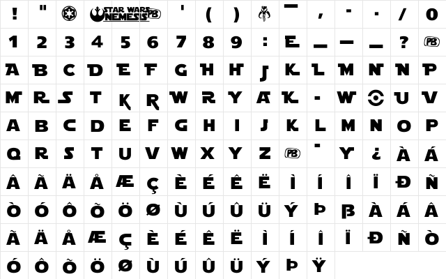 Star Jedi Regular  glyph index