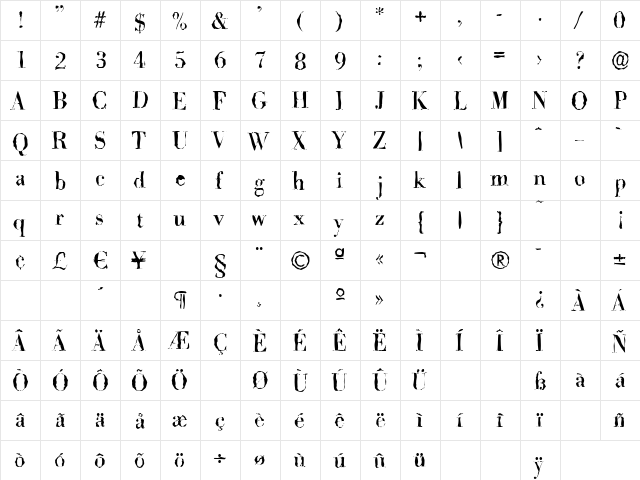 BodoniRandom Regular  glyph index