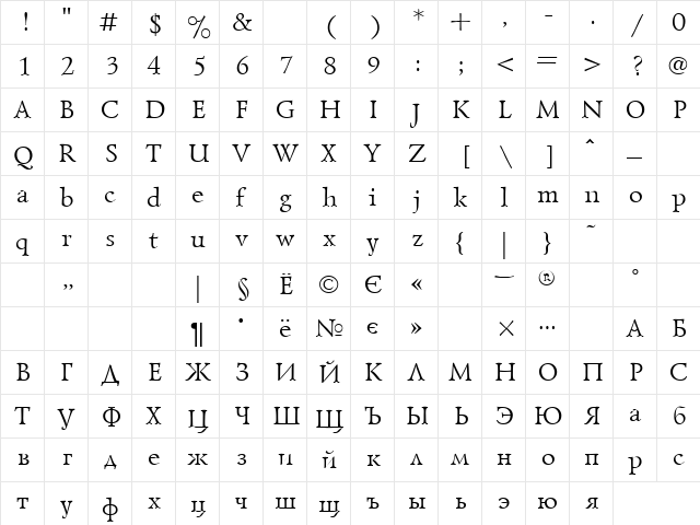 GoudyOld Regular  glyph index