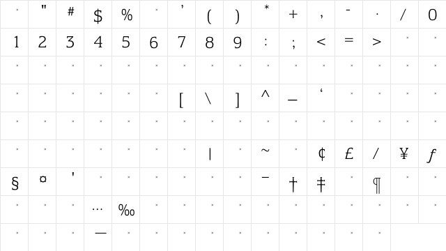 EquestrienneLightTab Regular  glyph index