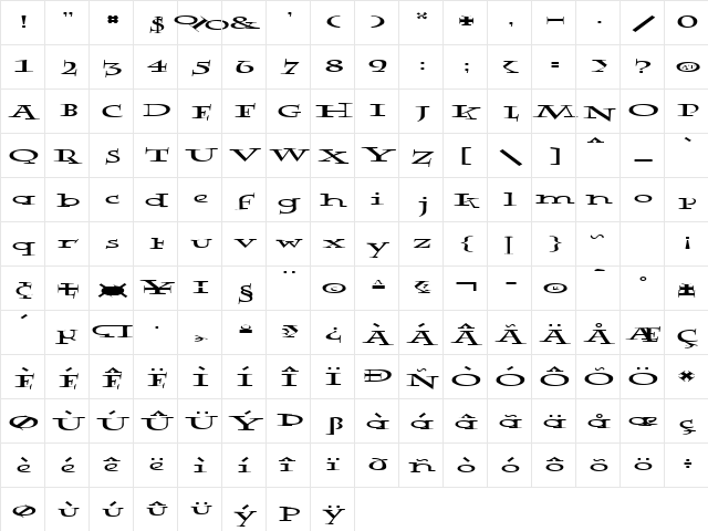 Rowling Stone Wide Regular  glyph index