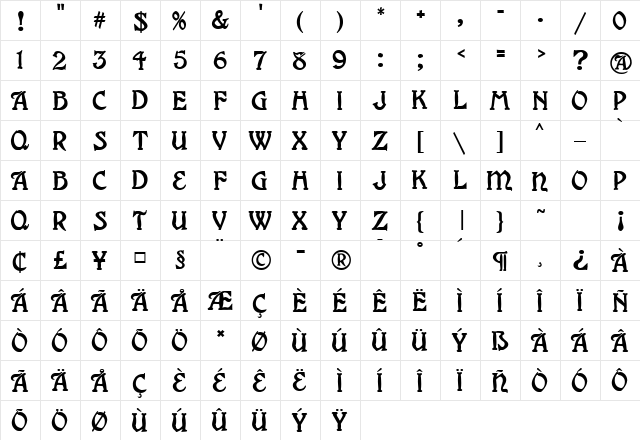 Grange MF Regular  glyph index